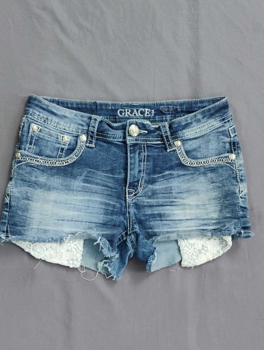 GRACE Distressed Lace-Hem Blue Denim Shorts
